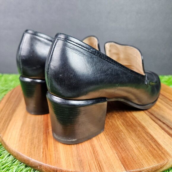 Enzo Angiolini Black Leather Loafer Pumps Size 10 M Chunky Block Heels Classic - Picture 2 of 16